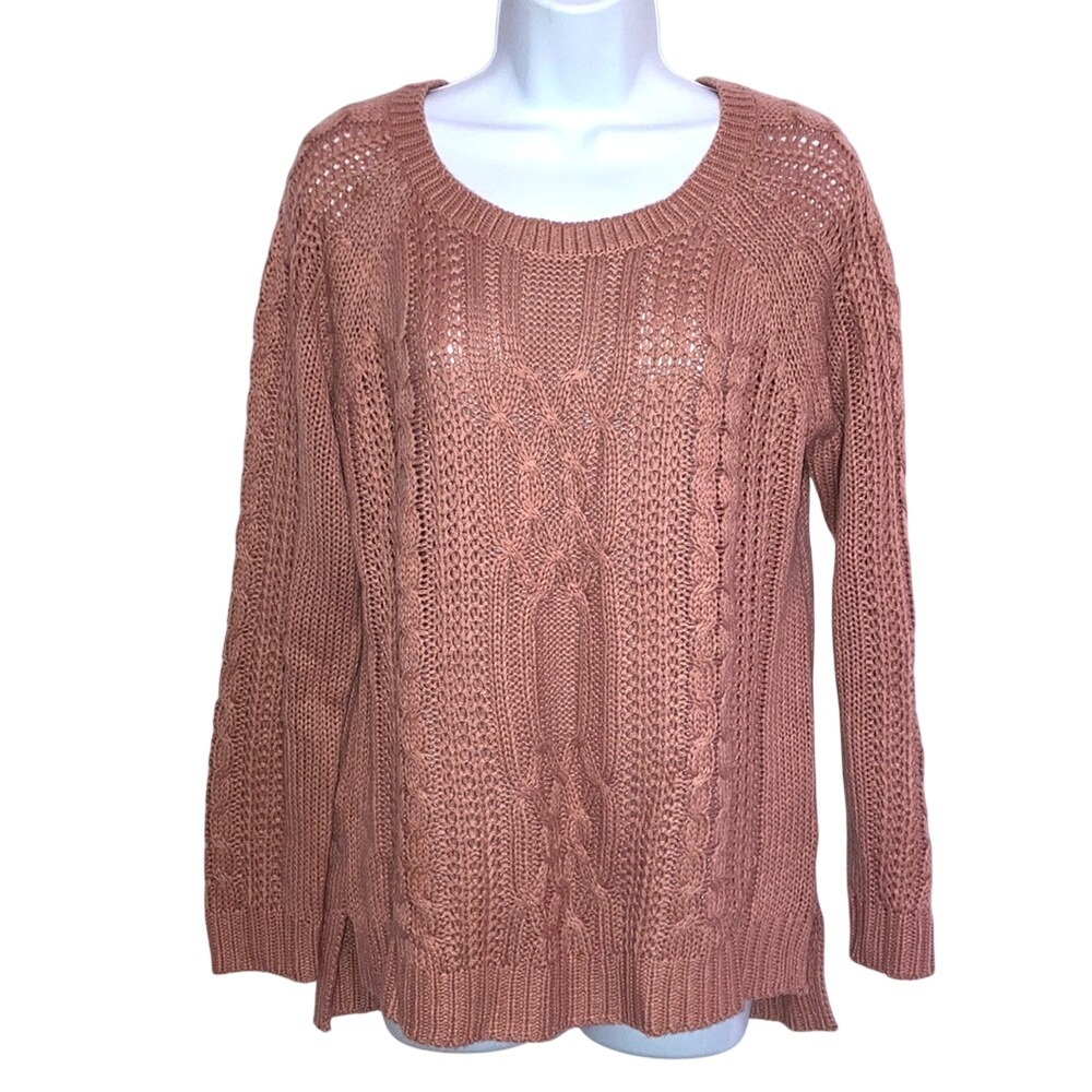 Pink Rose Mauve Cable Knit Sweater Women's Large High‎ Low Hem Pullover